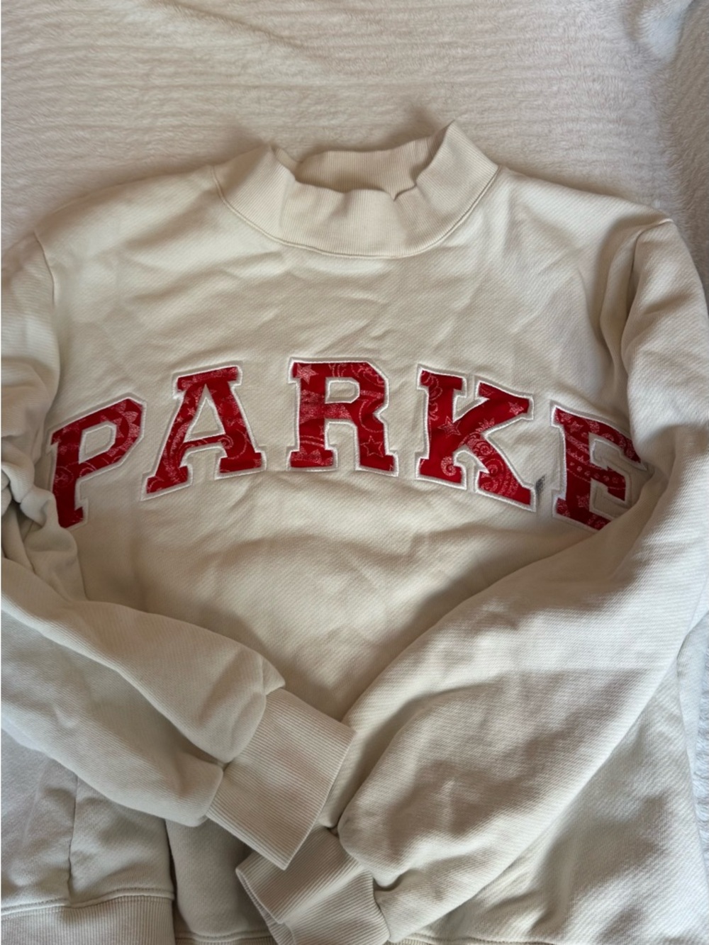 Parke Cream and Red Bandana Mock-Neck Sweatshirt with Red Lettering